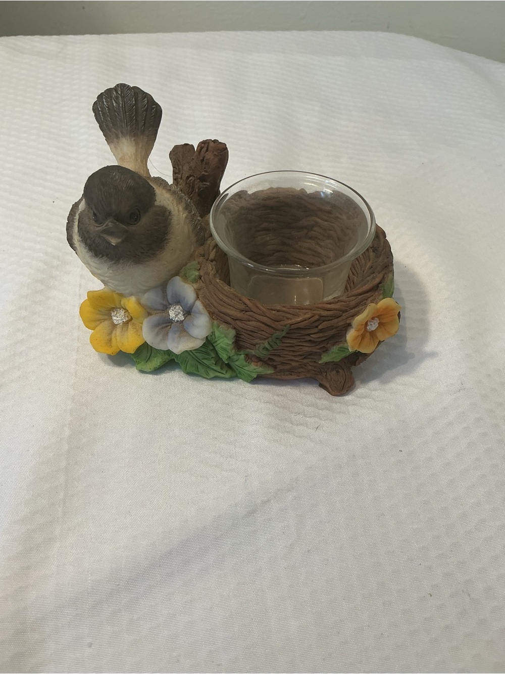 Bird Nest Votive Holder with Yellow & Light Blue Floral Accents